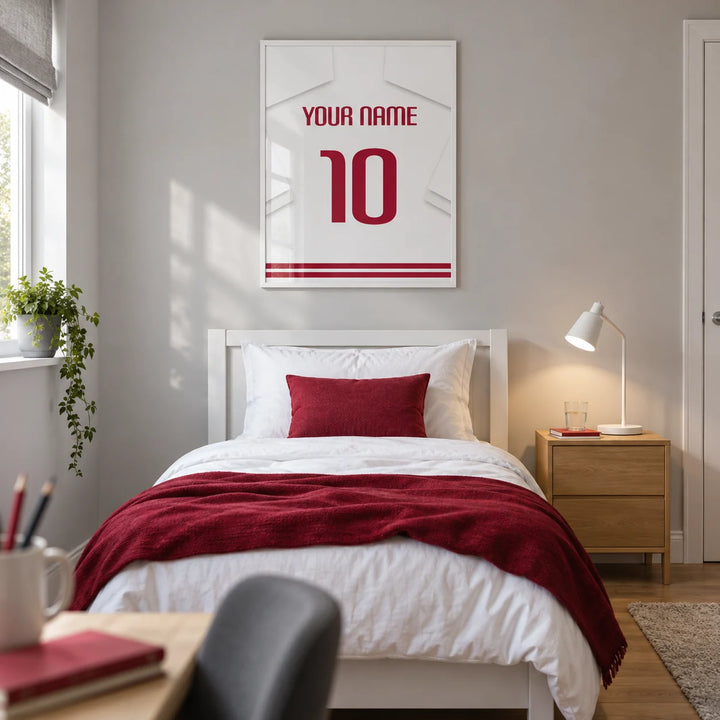 Football Shirt Poster in White with Red Number, framed on the wall of a modern football-loving teenager's bedroom (13-17) in a UK family home with a pale grey wall and oak floor