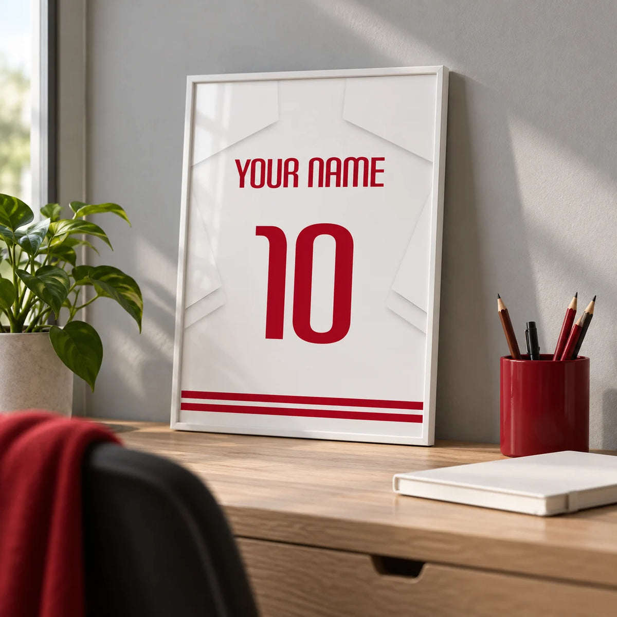 Football Shirt Poster in White with Red Number, a small A4 framed print leaning on a pale oak desk