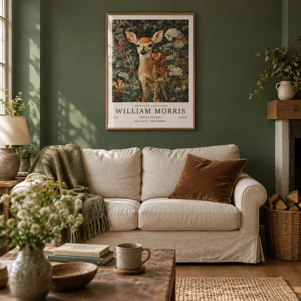 Forest Art Print, framed on the wall of a calm cottage living room with a forest green painted wall and an oak floor