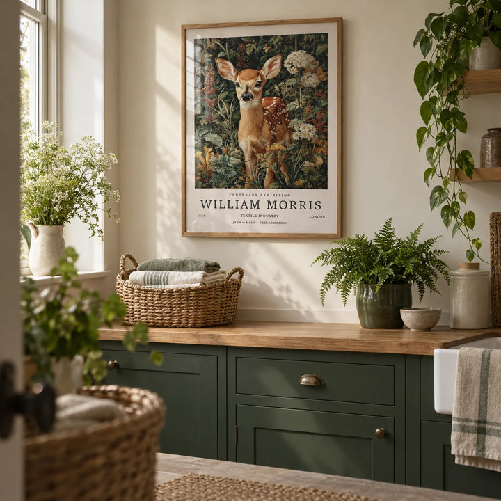 Forest Art Print, framed on the wall of a calm utility room with a cream wall and forest green painted cabinets in a laundry room