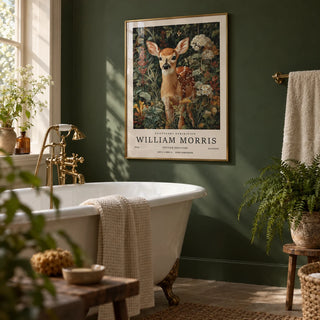 Forest Art Print, framed on the wall of a cottage bathroom with a forest green wall and a white roll-top bath