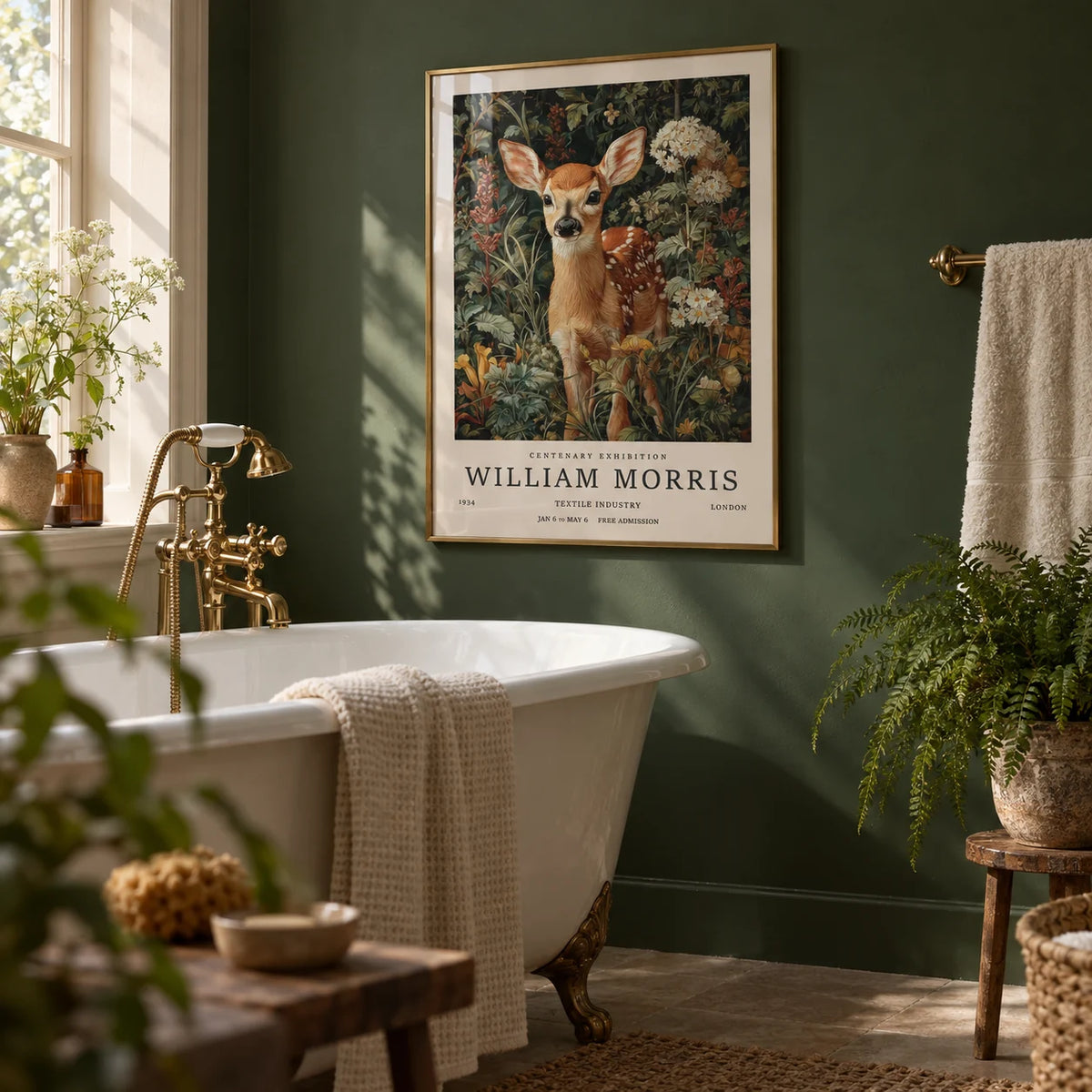 Forest Art Print, framed on the wall of a cottage bathroom with a forest green wall and a white roll-top bath