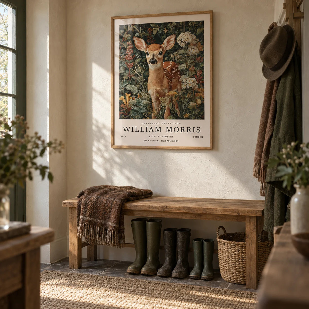 Forest Art Print, framed on the wall of a country boot room hallway with a cream limewashed wall