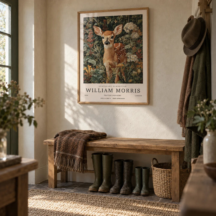 Forest Art Print, framed on the wall of a country boot room hallway with a cream limewashed wall