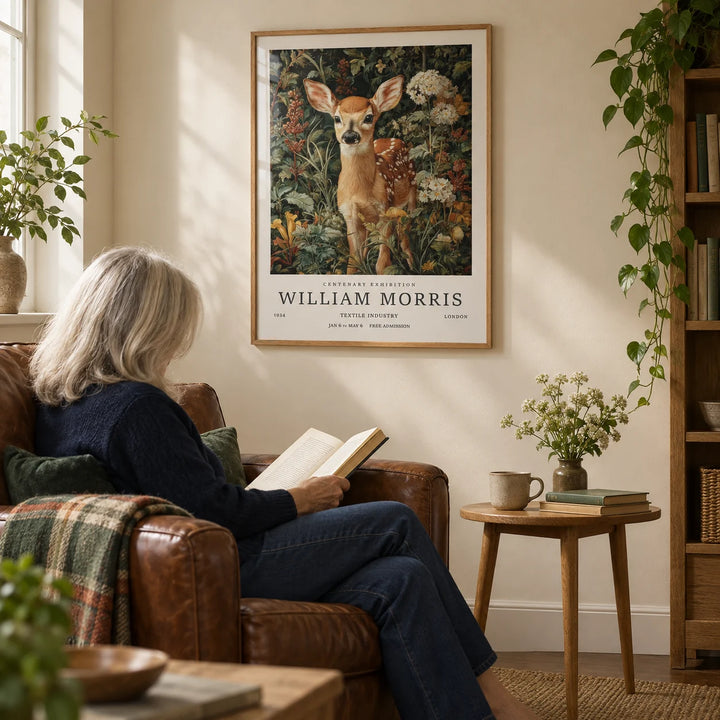 Forest Art Print, framed on the wall of a quiet reading corner with a warm cream wall in a living room