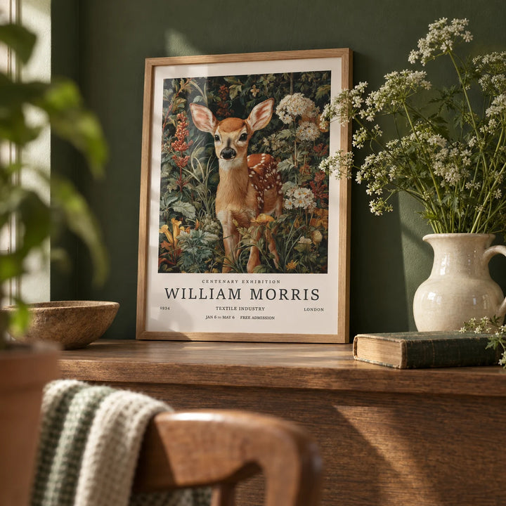 Forest Art Print, a small A4 framed print leaning on an oak shelf in a living room