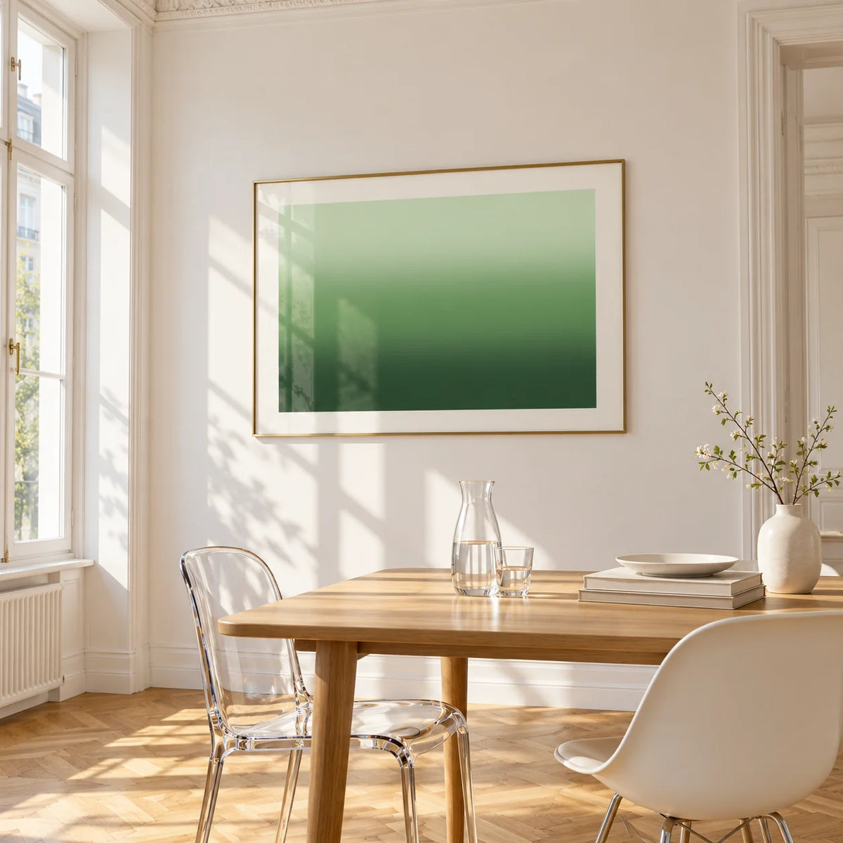 Forest Green Wall Art, framed on the wall of a bright dining corner