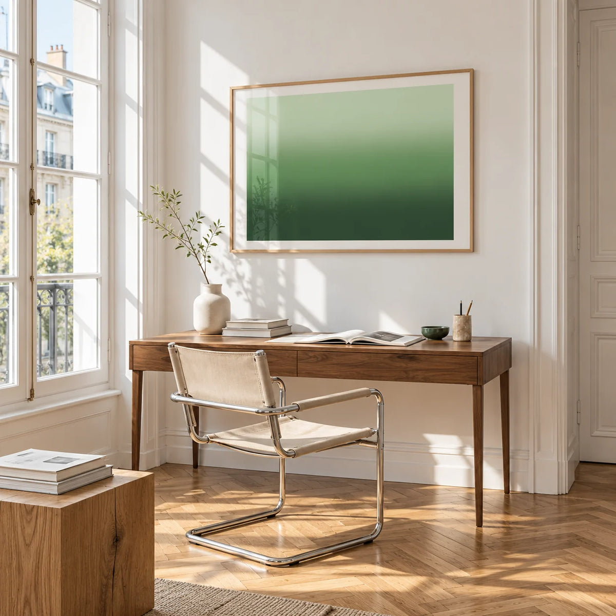 Forest Green Wall Art, framed on the wall of a bright study corner with a tall white paned window