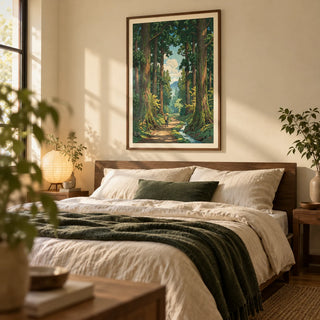 Forest Path Wall Art, framed on the wall of a calm bedroom with a warm cream wall