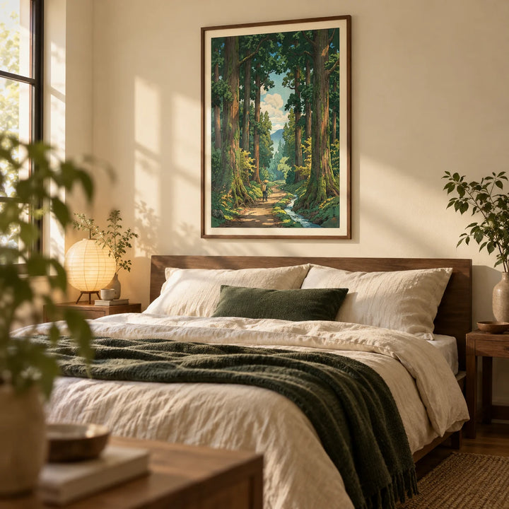 Forest Path Wall Art, framed on the wall of a calm bedroom with a warm cream wall