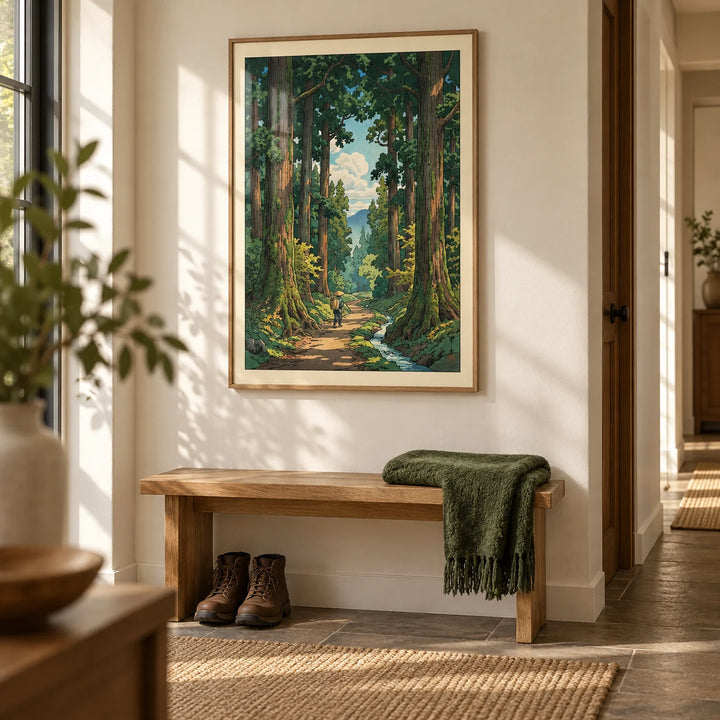 Forest Path Wall Art, framed on the wall of a calm hallway with a warm white wall