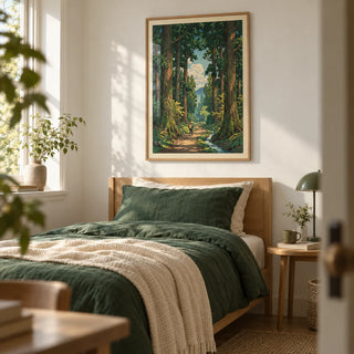 Forest Path Wall Art, framed on the wall of a calm single guest bedroom with a soft white wall