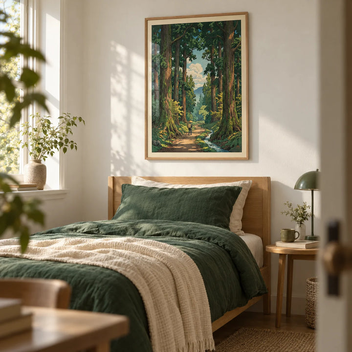 Forest Path Wall Art, framed on the wall of a calm single guest bedroom with a soft white wall