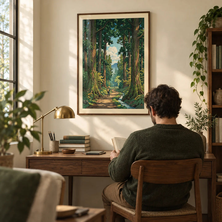 Forest Path Wall Art, framed on the wall of a quiet home study with a pale cream wall