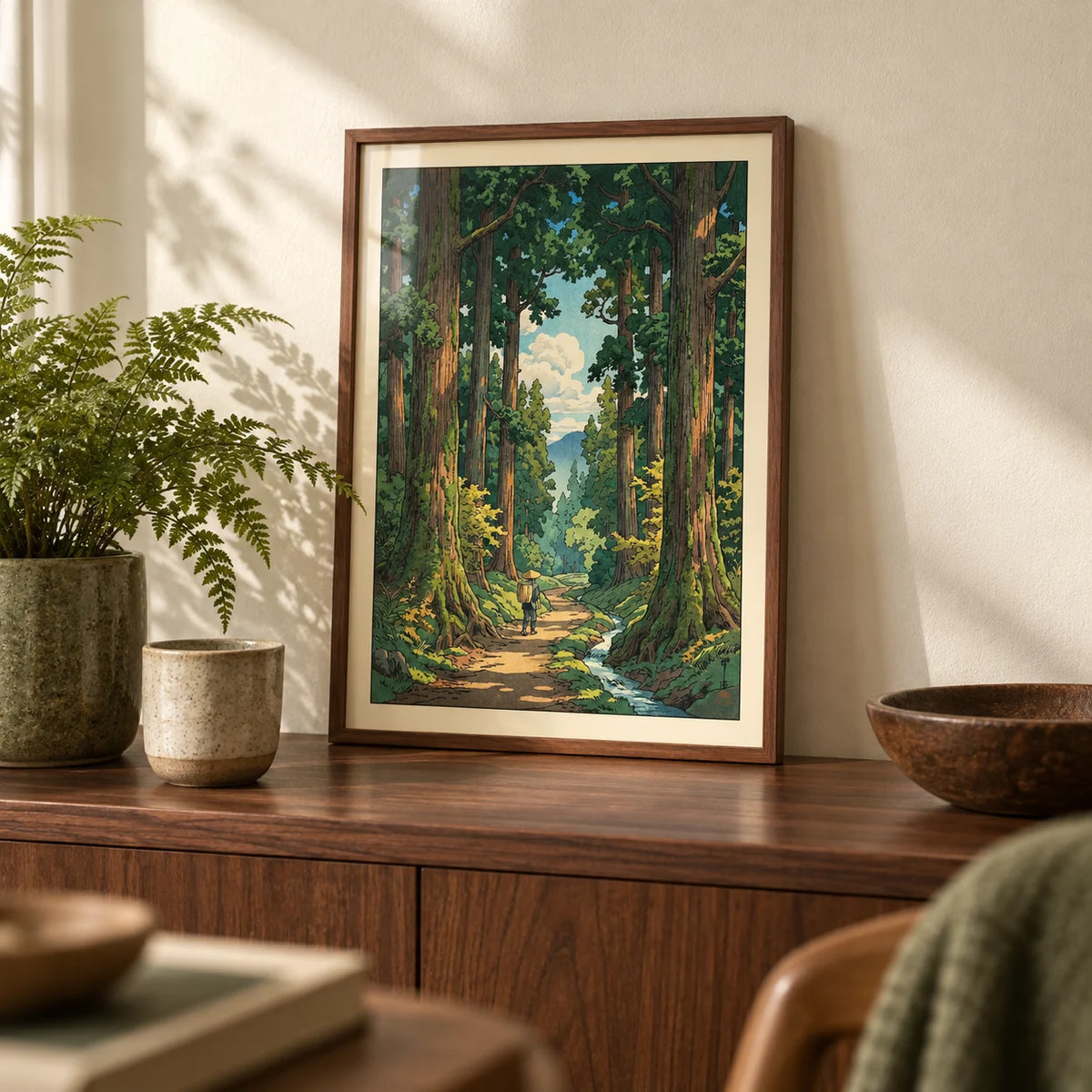Forest Path Wall Art, a small A4 framed print leaning on a walnut shelf in a living room