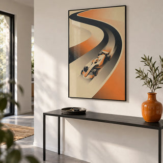 Formula Racing Art Print, framed on the wall of a modern hallway with a white wall and a grey floor