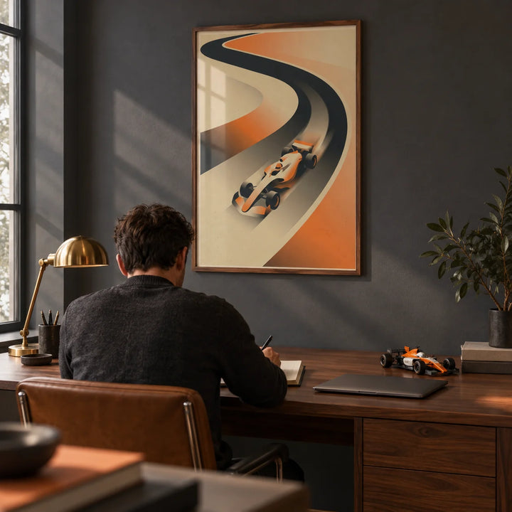 Formula Racing Art Print, framed on the wall of a modern study with a dark grey wall