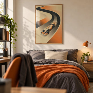 Formula Racing Art Print, framed on the wall of a teenager's bedroom (14-17) with a warm white wall