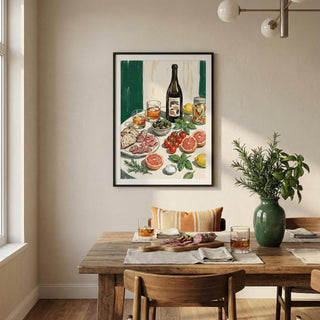 Dining room with a framed artwork of a table setting, a vase with greenery, and a wooden table.