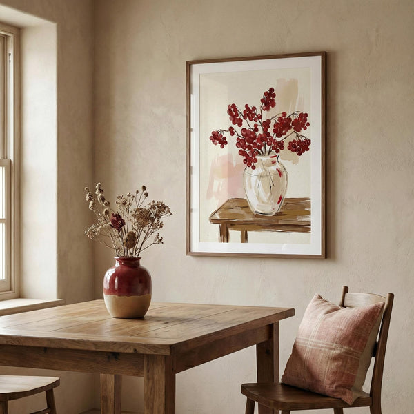 Dining room with wooden table, chair, and framed artwork of a vase with red flowers.