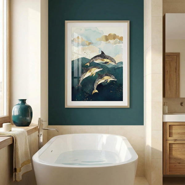 Bathroom interior with a framed artwork of dolphins on a blue wall above a white bathtub.
