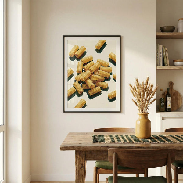 Dining room with a framed artwork of pasta on the wall above a wooden table.