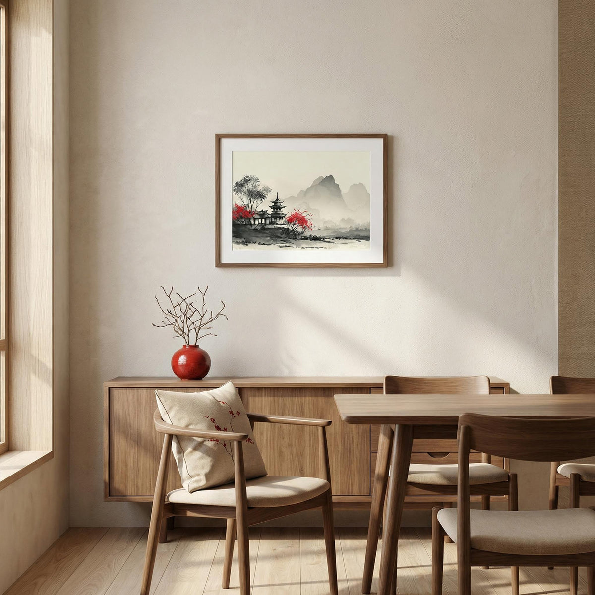 Dining room with wooden furniture, table, chairs, and a framed artwork on the wall.