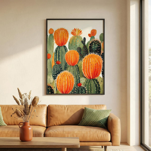 Living room with a brown sofa, decorative vase, and framed cactus artwork on the wall.