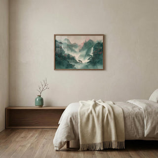 Bedroom with a bed, wooden side table, and framed landscape painting on the wall.