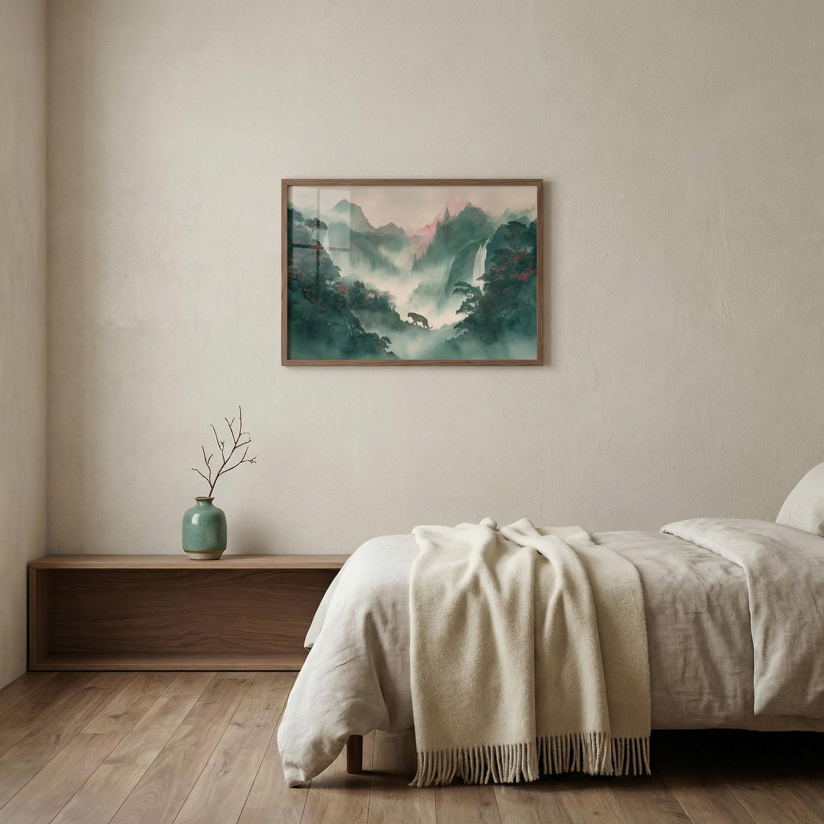 Bedroom with a bed, wooden side table, and framed landscape painting on the wall.