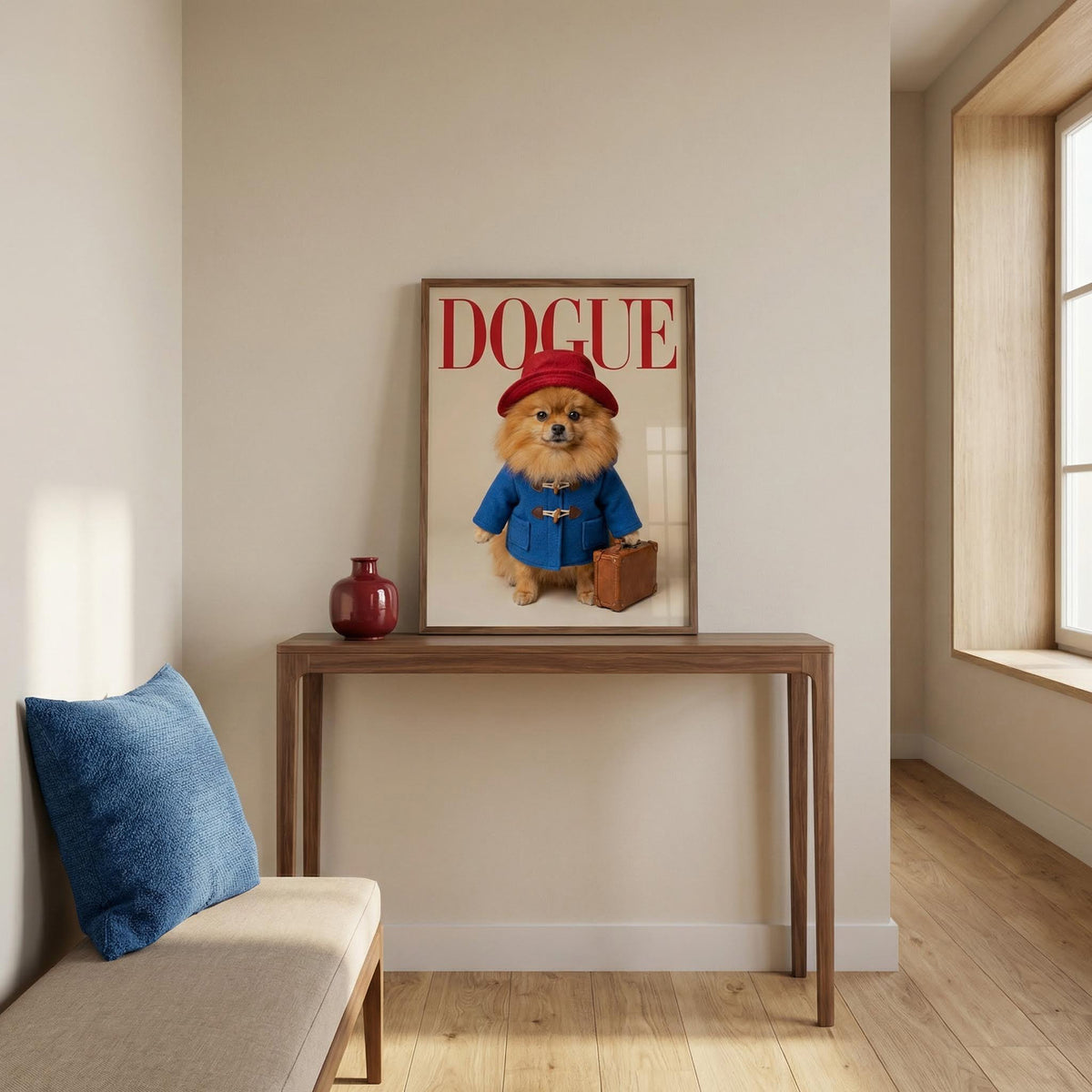 Room interior with a console table, blue cushion, and framed picture of a dog in a coat.