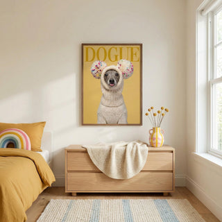 Room interior with a framed picture of a dog wearing a sweater and floral hats on a yellow background, above a wooden dresser.