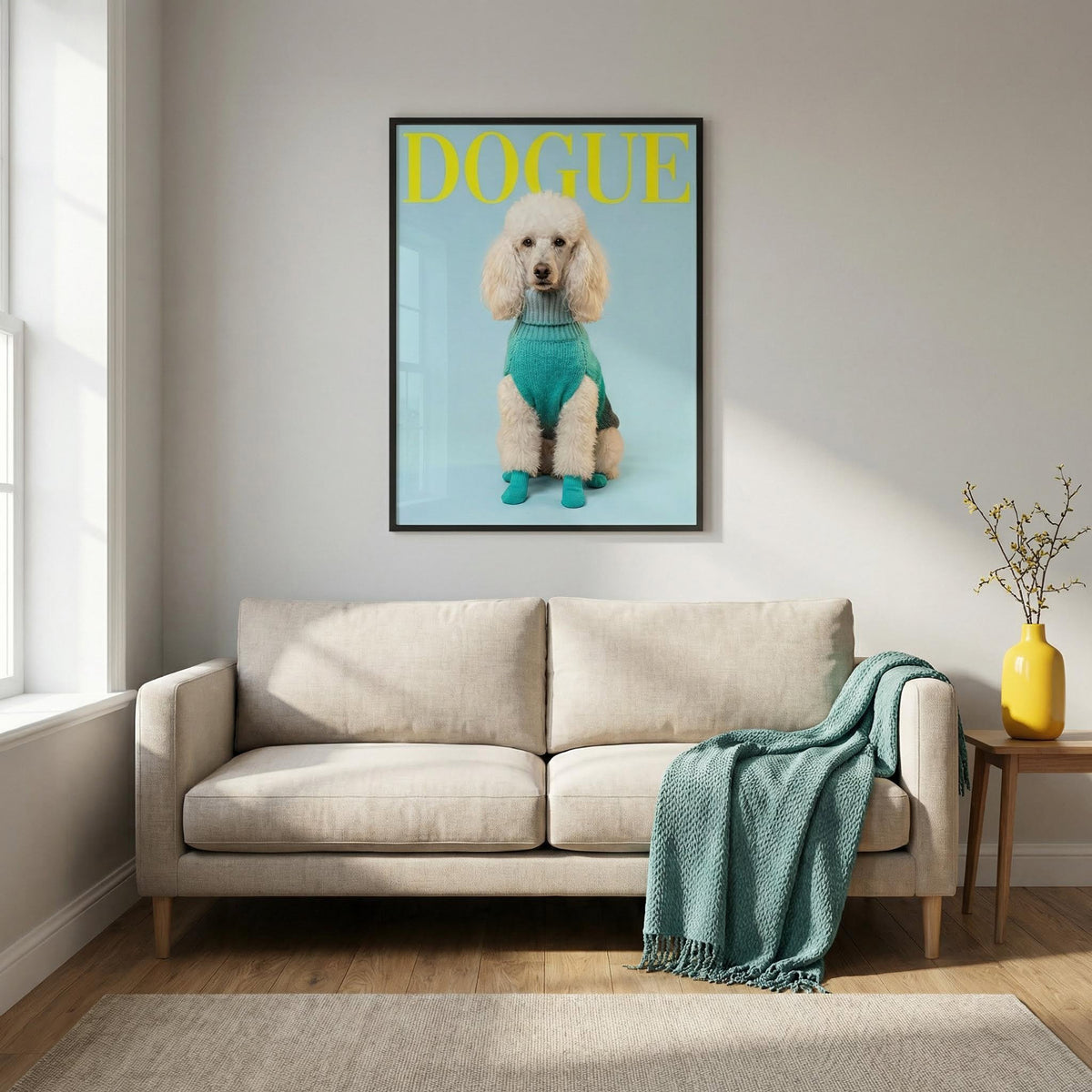 Living room with a beige sofa, teal blanket, and a framed picture of a dog on the wall.