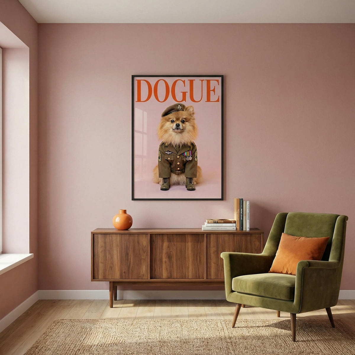 Living room with a green armchair, wooden sideboard, and framed poster of a dog.