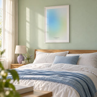 Freedom Poster, framed on the wall of a calm bedroom in a modern UK home with a pale mint painted wall