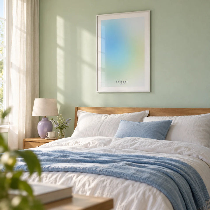 Freedom Poster, framed on the wall of a calm bedroom in a modern UK home with a pale mint painted wall