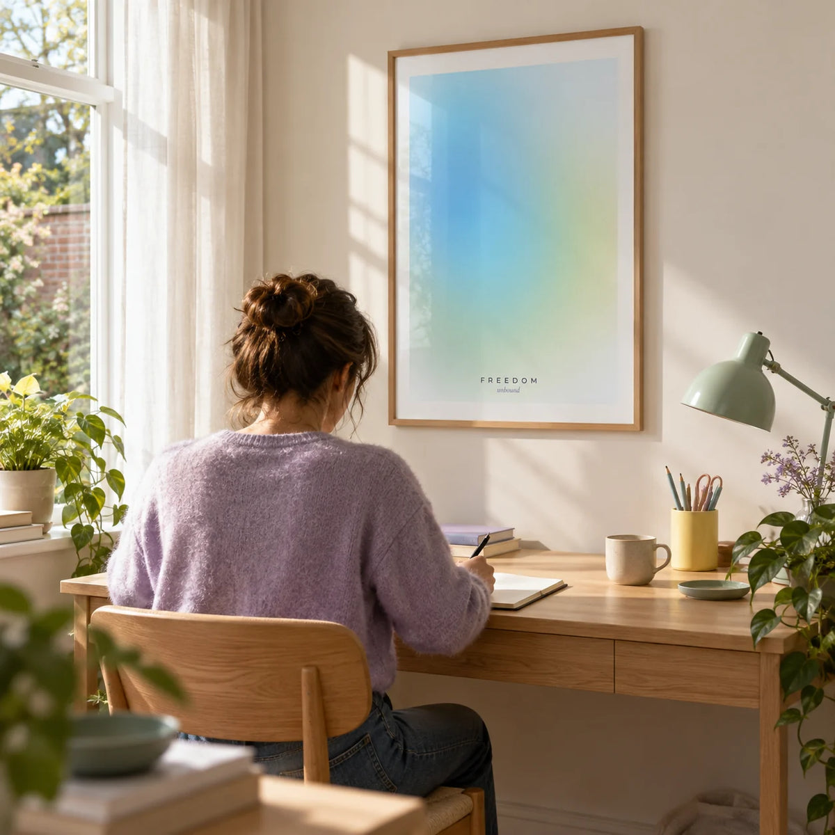 Freedom Poster, framed on the wall of a peaceful home study in a UK terrace with an off-white wall and a window overlooking a small garden