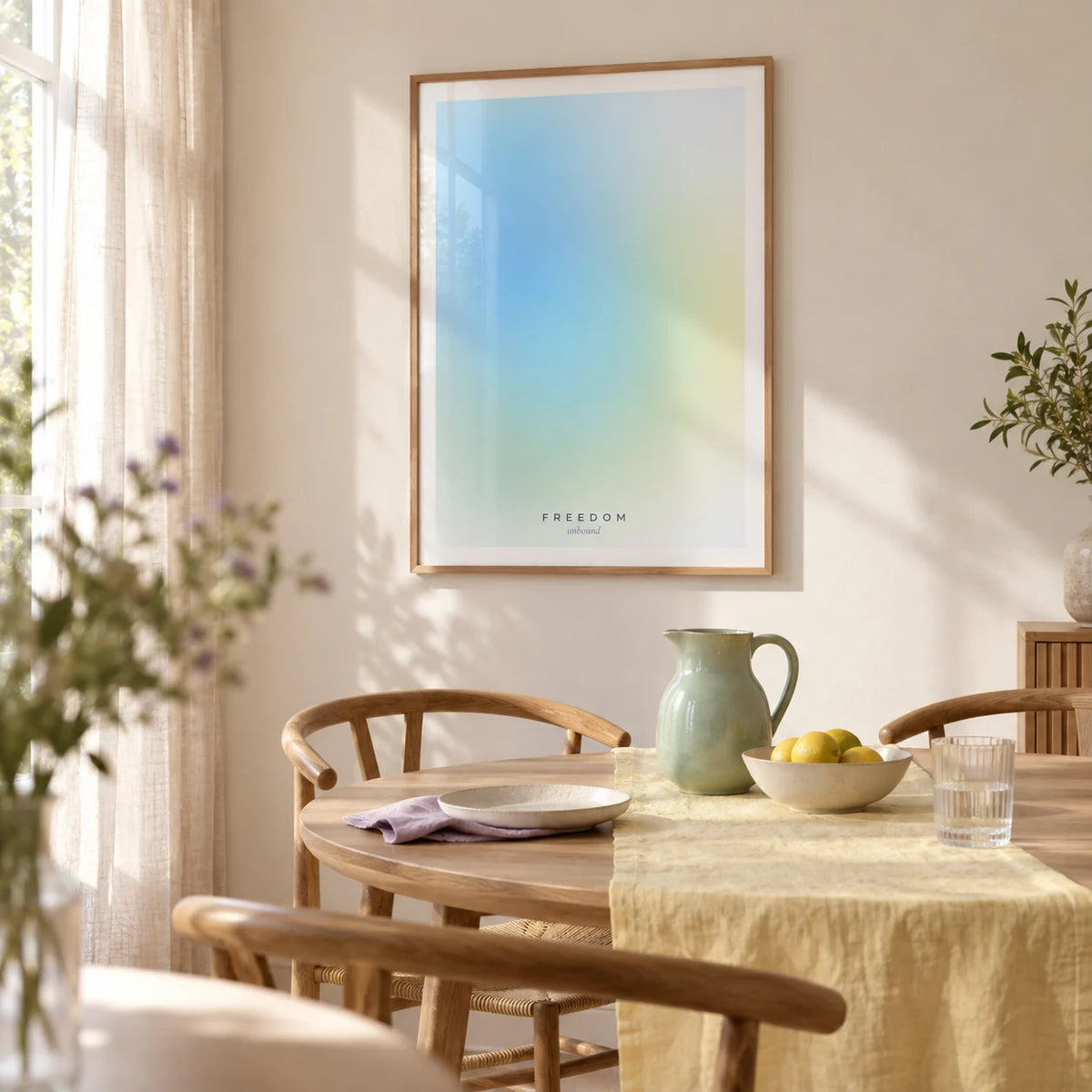 Freedom Poster, framed on the wall of a relaxed contemporary dining corner in a UK home with a warm white wall and pale timber floor