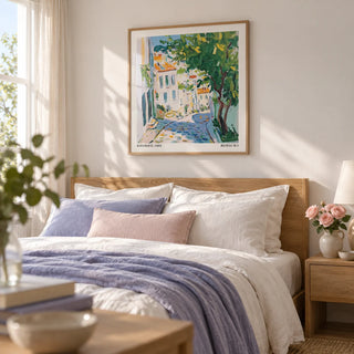 French Artwork Prints, framed on the wall of a calm bedroom with a soft white wall