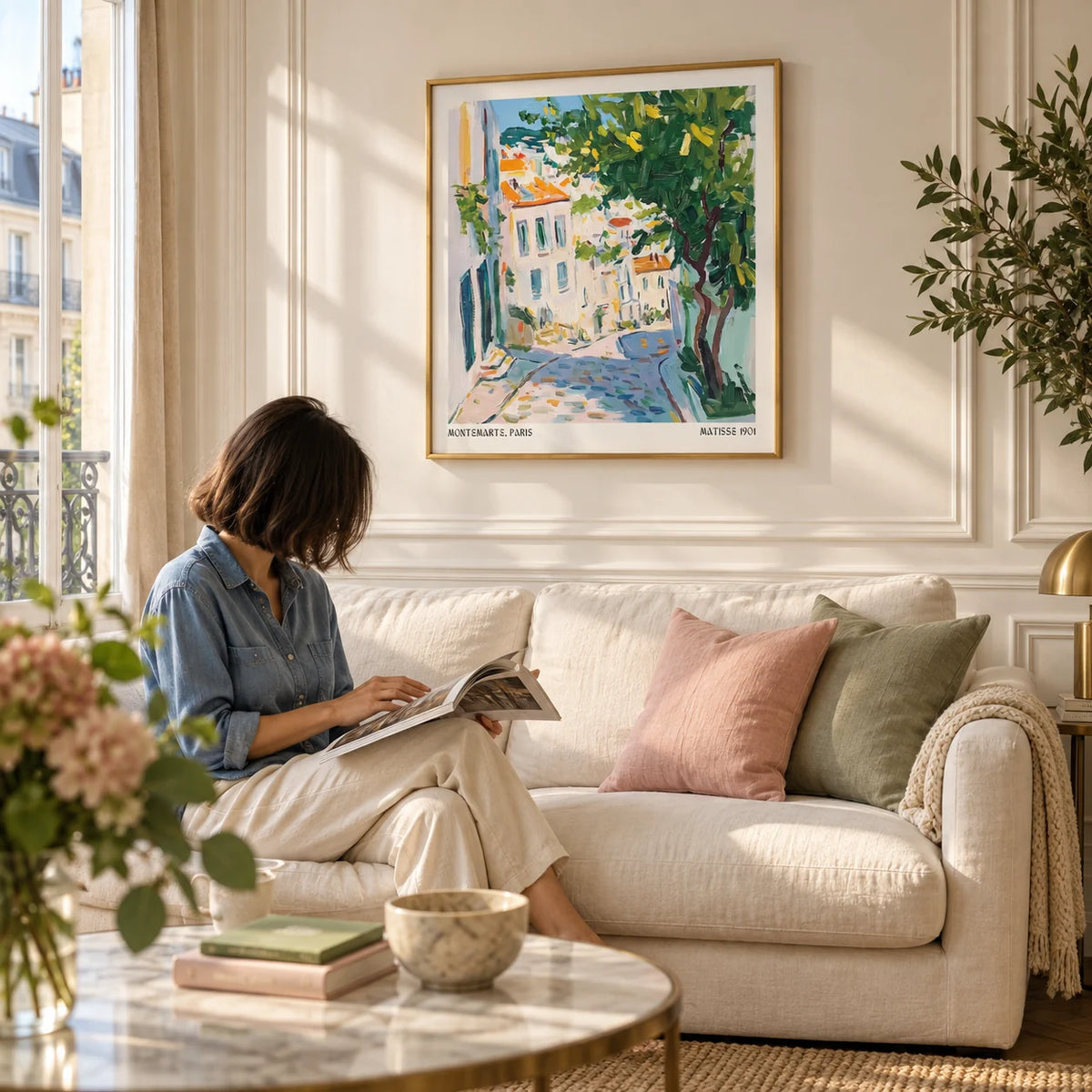 French Artwork Prints, framed on the wall of a Parisian-style living room with a warm white wall