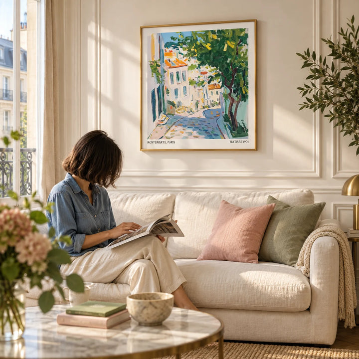 French Artwork Prints, framed on the wall of a Parisian-style living room with a warm white wall