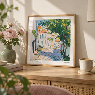 French Artwork Prints, a small A4 framed print leaning on an oak shelf in a living room