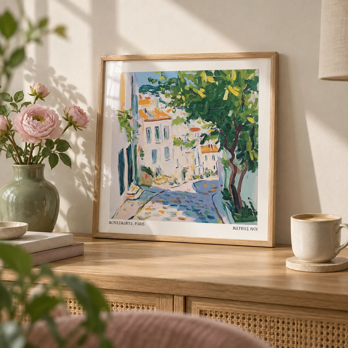 French Artwork Prints, a small A4 framed print leaning on an oak shelf in a living room