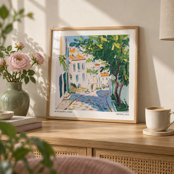 French Artwork Prints, a small A4 framed print leaning on an oak shelf in a living room
