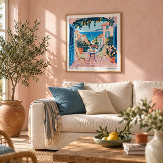 French Coastal Wall Art, framed on the wall of a bright living room with a soft blush pink limewashed wall