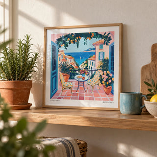 French Coastal Wall Art, a small A4 framed print leaning on an oak shelf in a living room