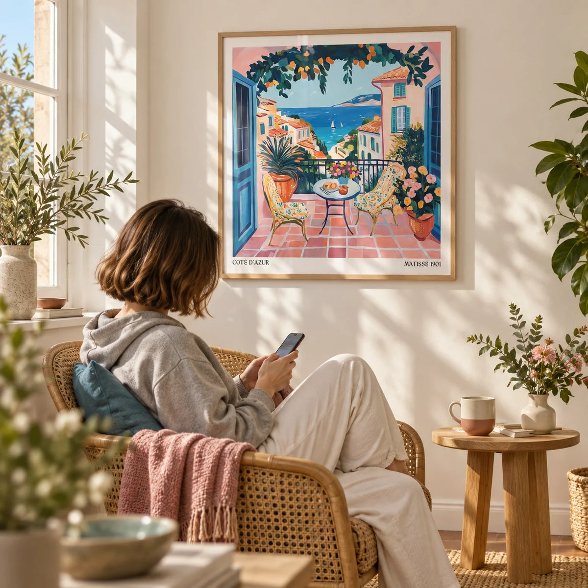 French Coastal Wall Art, framed on the wall of a sunny reading corner by a window with a warm white wall in a living room