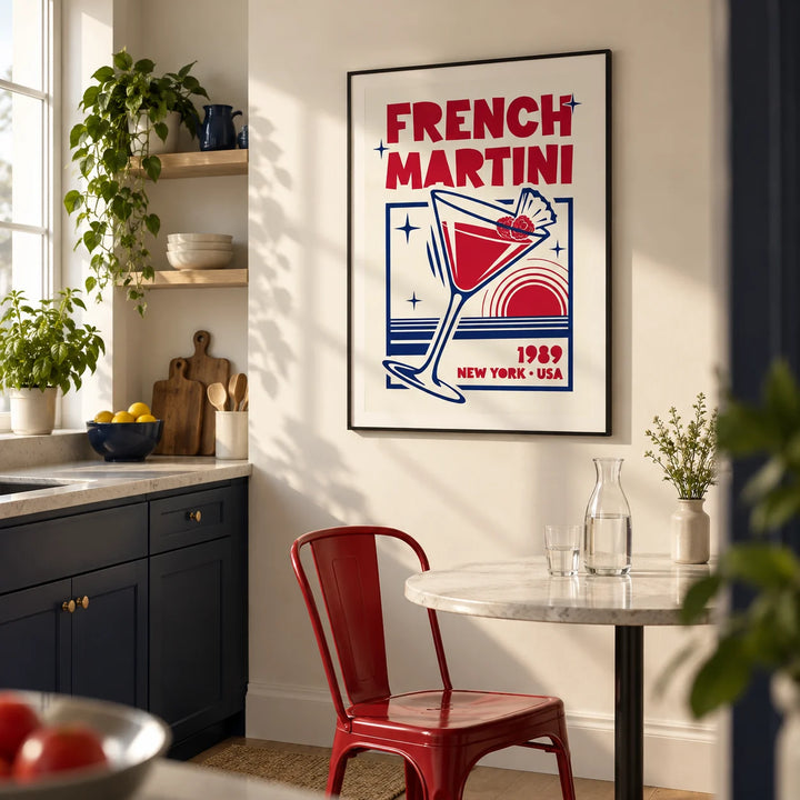 French Martini Poster, framed on the wall of a crisp modern kitchen in a first flat (22-28) with navy lower cabinets