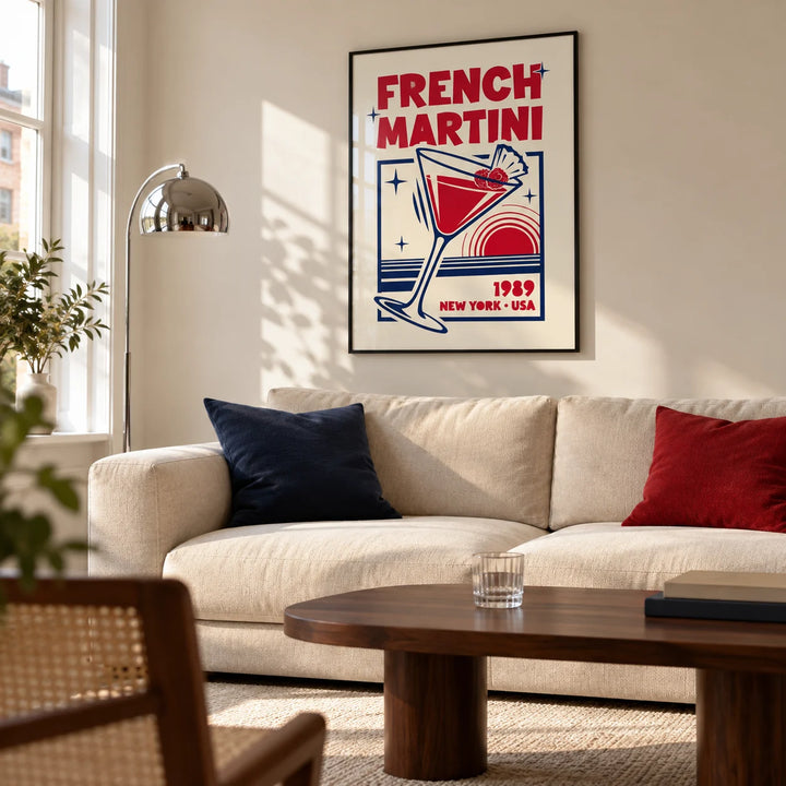 French Martini Poster, framed on the wall of a design-led living room in a UK flat with warm white walls