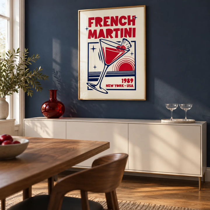 French Martini Poster, framed on the wall of a modern dining area in a UK maisonette with a muted navy wall and a warm oak floor